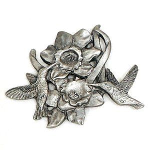 Vintage Spoontiques Pewter Hummingbird & Flowers Brooch (1980s)